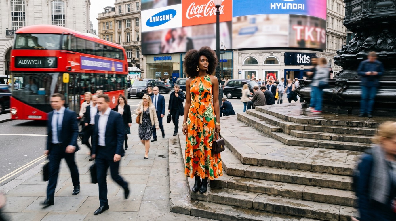 A woman standing still at a city fountain while the crowd around her moves past