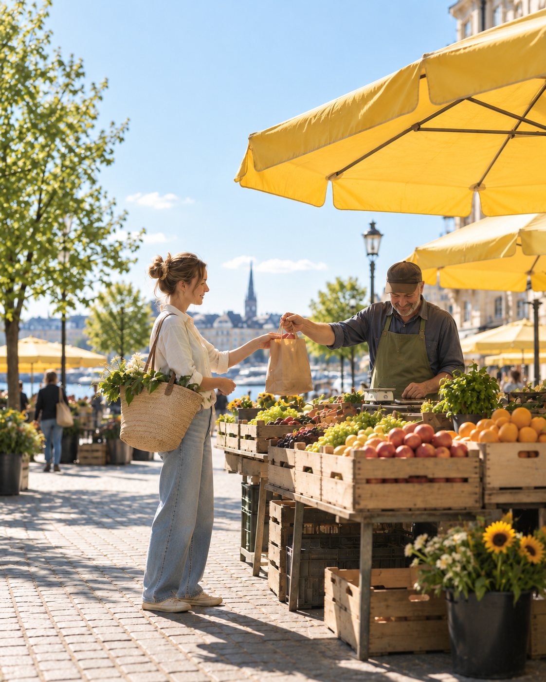 A market vendor under yellow umbrellas handing a bag of vegetables to a customer on a sunny square