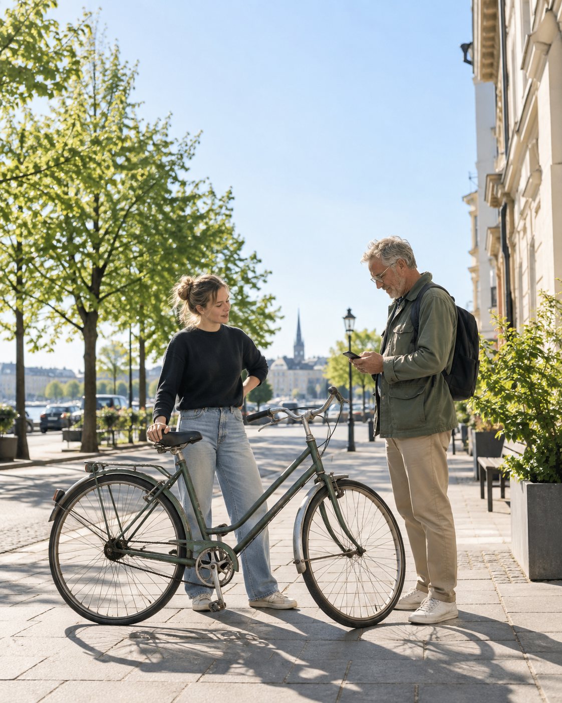 A woman selling her bicycle to a man who checks something on his phone before he pays, on a sunny city pavement