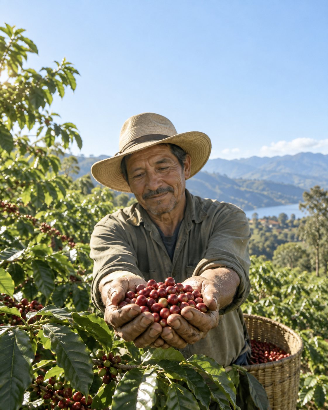 A coffee farmer holding out two handfuls of ripe red coffee cherries on a sunlit hillside