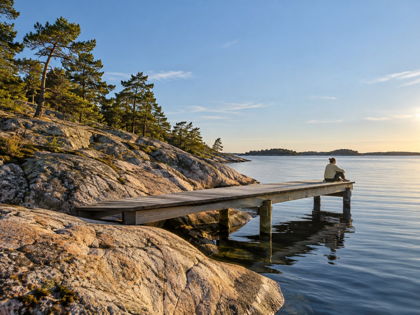 A timber jetty built straight onto sunlit granite in the Stockholm archipelago, with one person sitting at its end