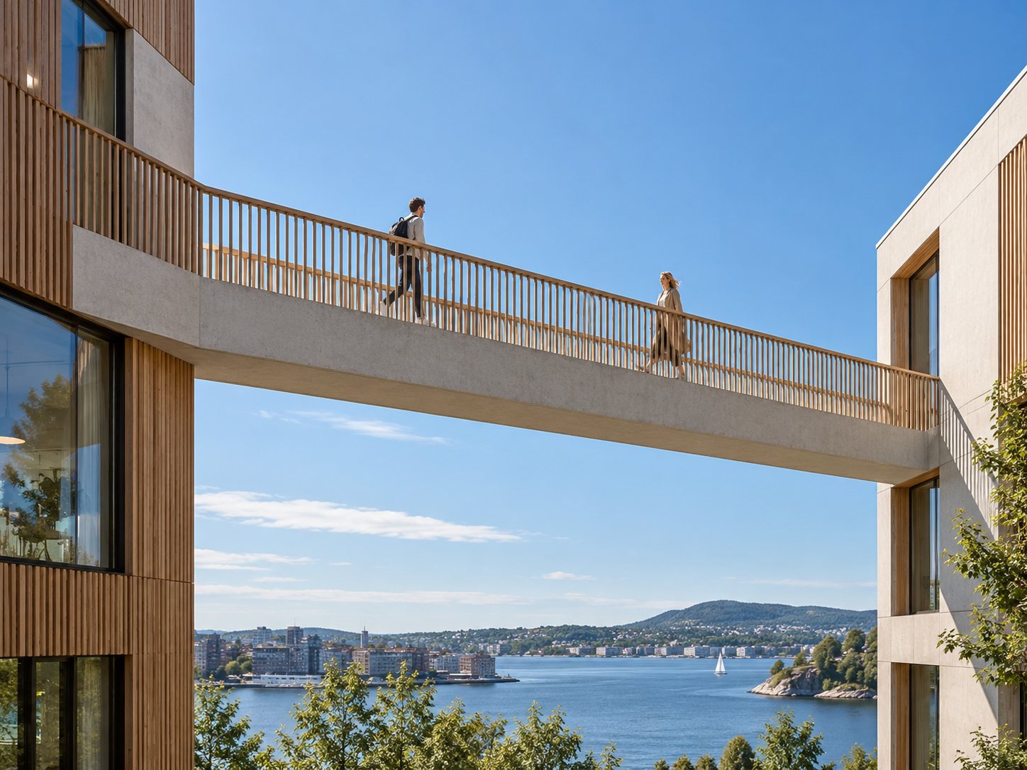 Two people about to meet in the middle of a sunlit timber bridge between two buildings, above Nordic water