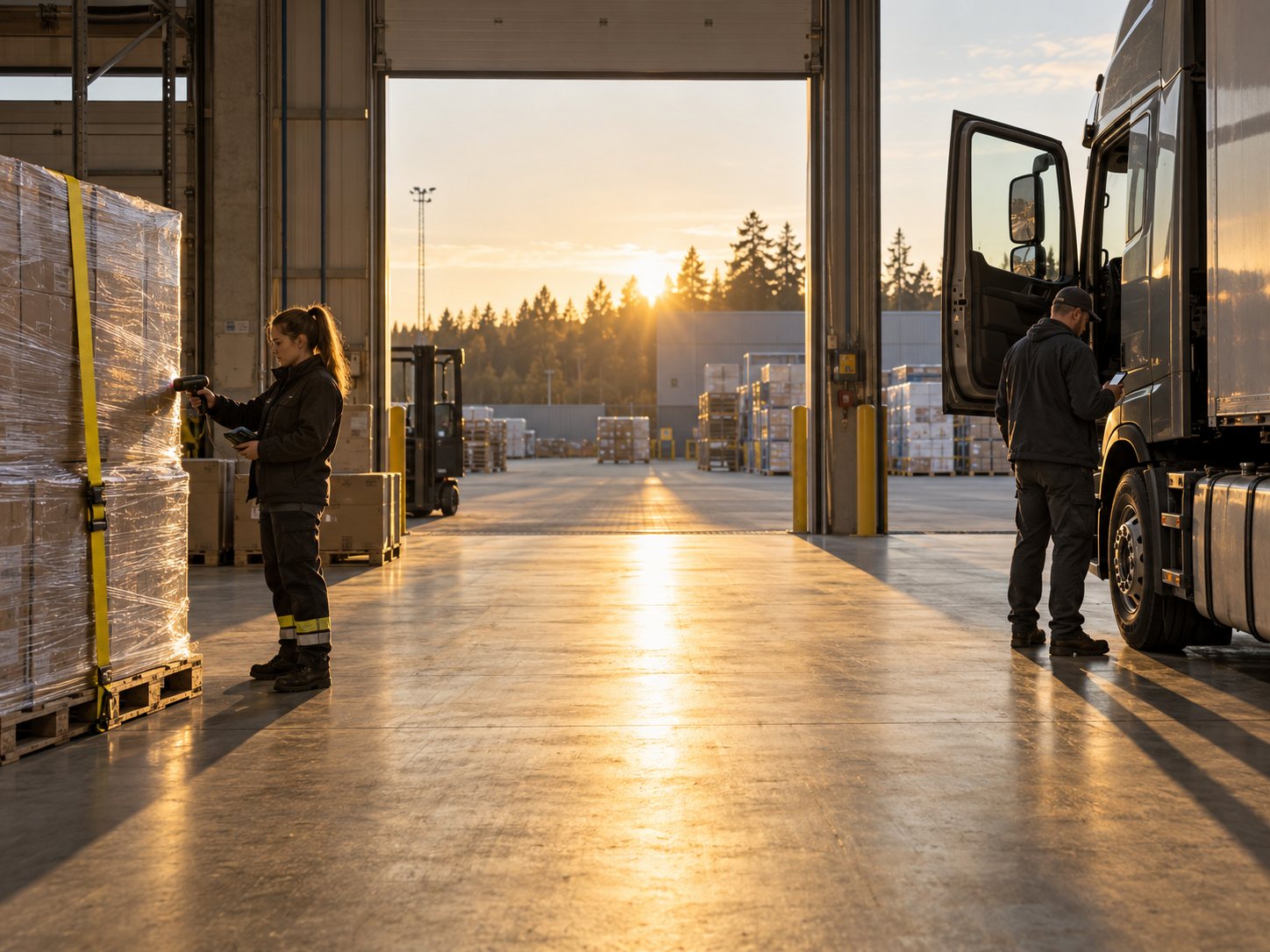A worker scanning a wrapped pallet at a loading bay at sunrise while the truck driver climbs into his cab